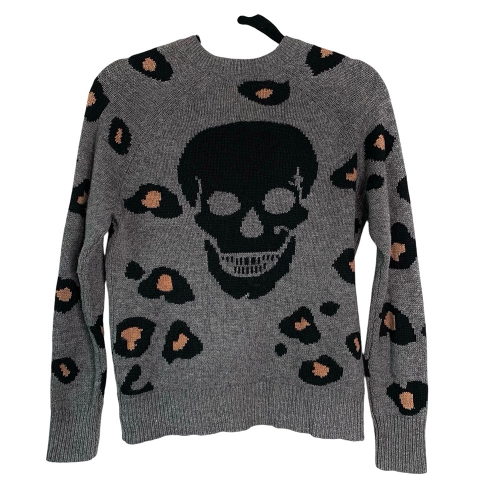 Skull Cashmere Womens Alani Leopard Print V-Neck Sweater Size XS Gray Wool